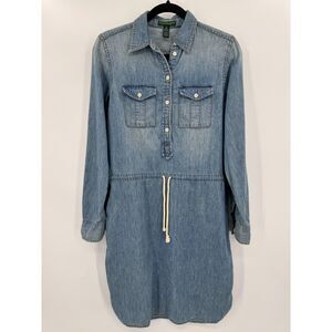 RALPH LAUREN Vintage Chambray Waist Tie Roll Tab Long Sleeve Shirt Dress Size 2